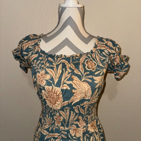 NWT Patrons of Peach Blue Floral Print Smocked Short Sleeve Maxi Dress Small - Picture 8 of 16